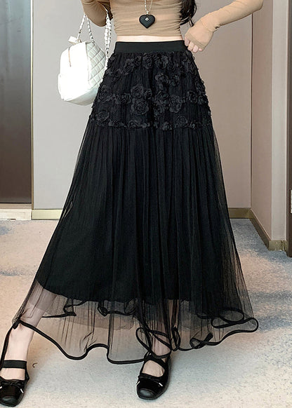 Black Elastic Waist Tulle Summer Skirts Wrinkled