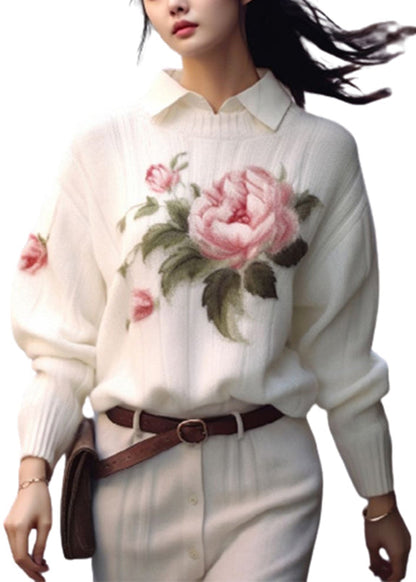 White O Neck Print Cozy Knit Sweaters Fall