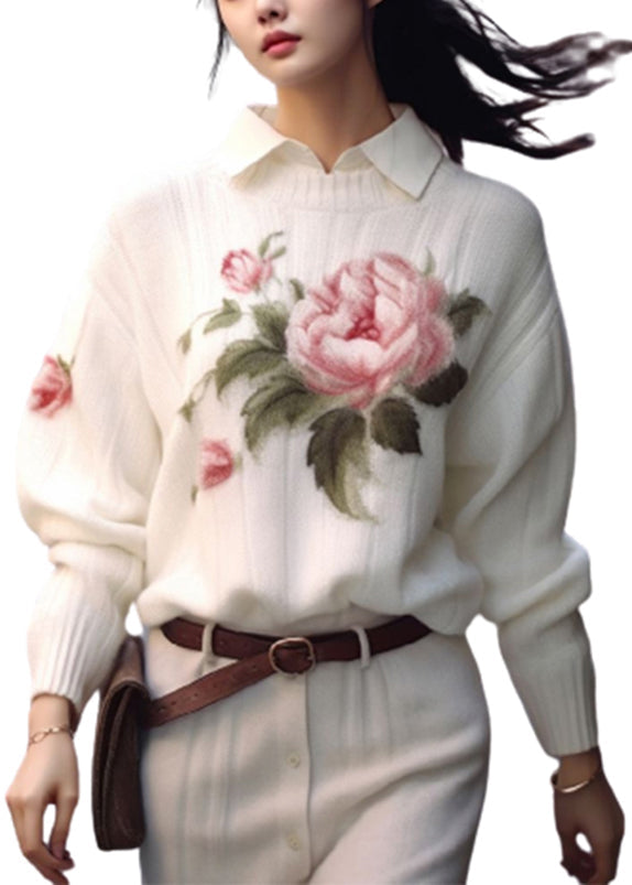 White O Neck Print Cozy Knit Sweaters Fall