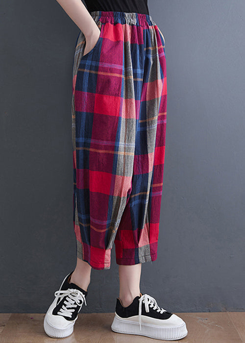 Red Plaid Elastic Waist Cotton Crop Pants Summer
