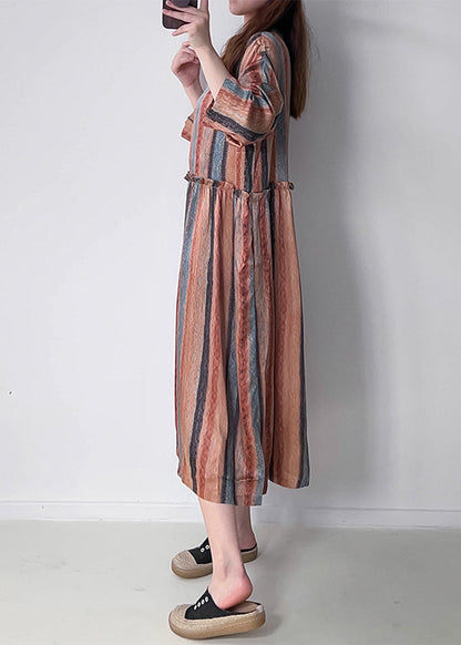 Orange Striped Patchwork Silk Cotto Long Dresses Long Sleeve