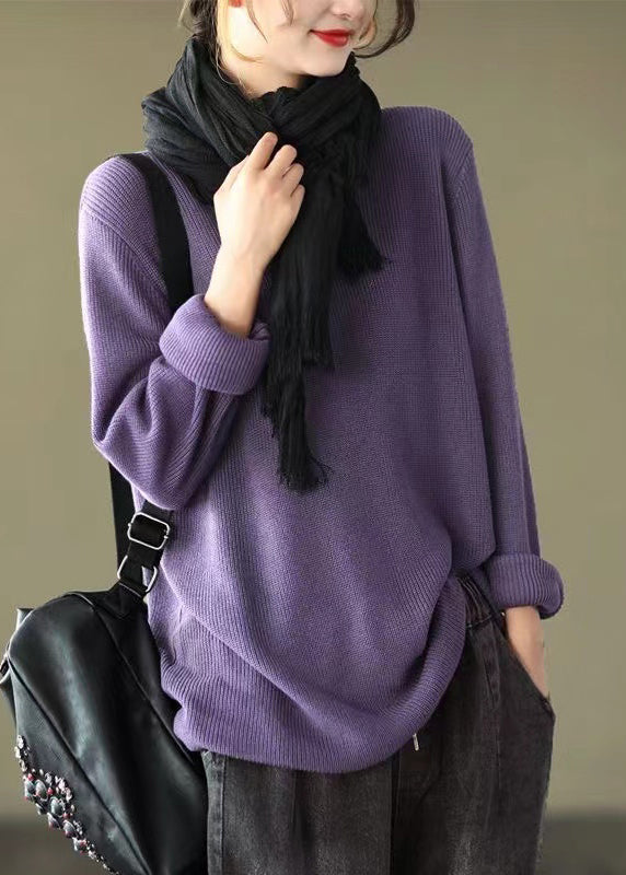 Purple V Neck Patchwork Knitting Cotton Tops Long Sleeve