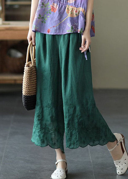 Green High Waist Linen Wide Leg Pants Embroidered Summer