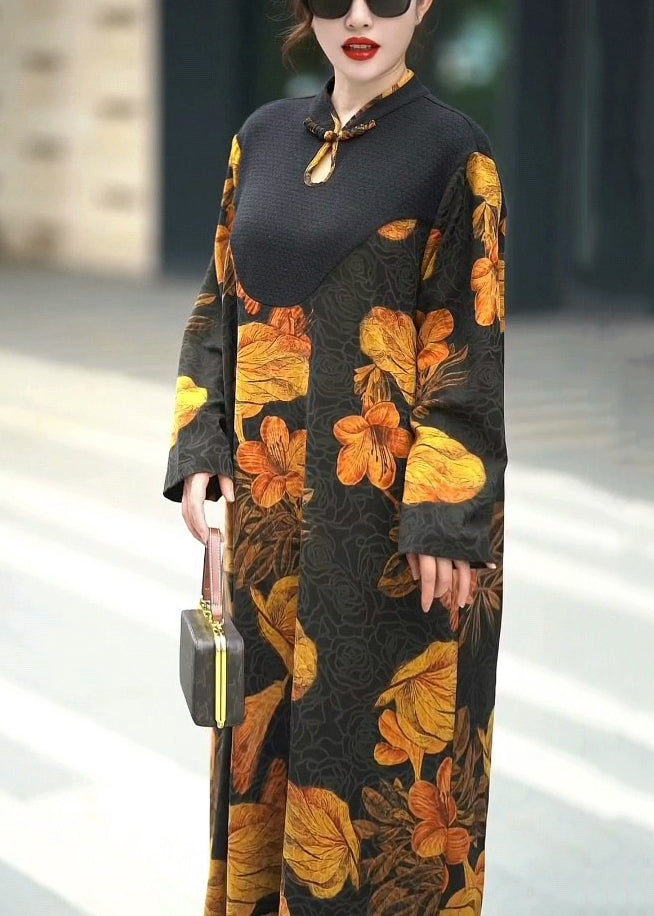 Yellow Button Print Silk Long Dresses Fall