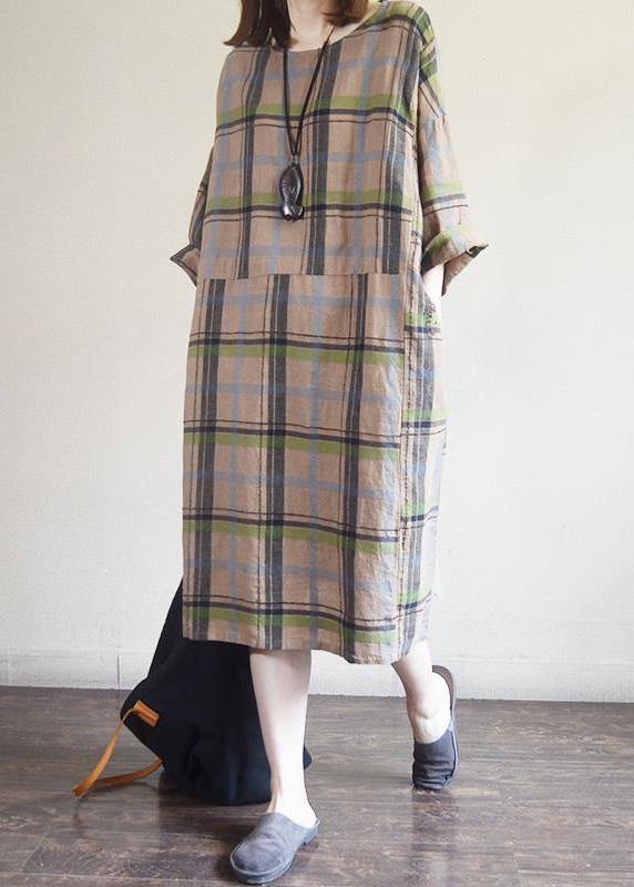 Cotton Tunic Top Plaid Round Neck Cotton Linen Dress