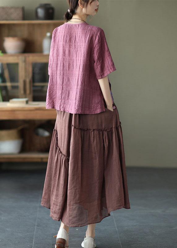 Style Pink Print Side Open Tie Summer Linen Blouses Half Sleeve