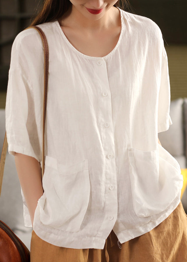 Rose O Neck Button Pockets Linen Shirt Tops Summer