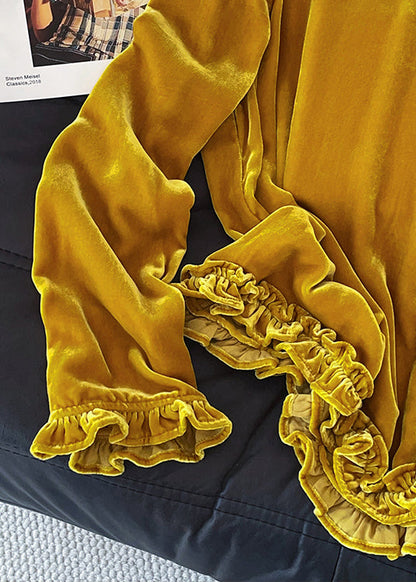 Yellow O Neck Ruffled Silk Velour T Shirt Fall