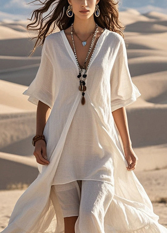 White Asymmetrical Exra Large Hem Cotton Dress Summer