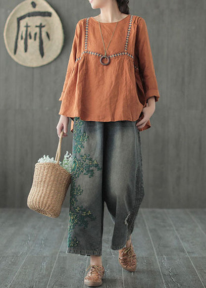 Blue Embroidered Cotton Ripped Jeans Pants Fall