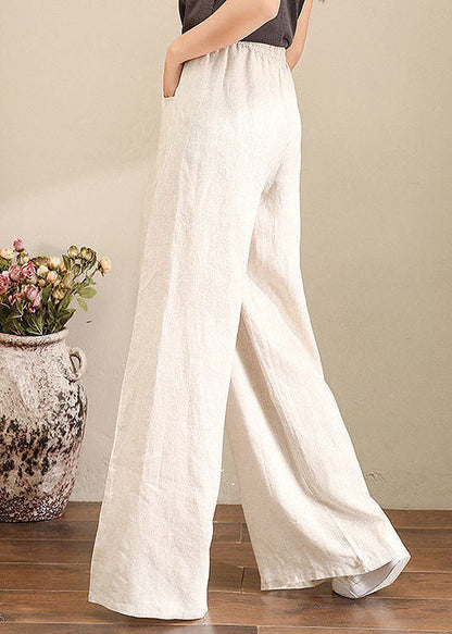 Orange-print1 Elastic Waist Linen Straight Pants Color Drawstring Summer
