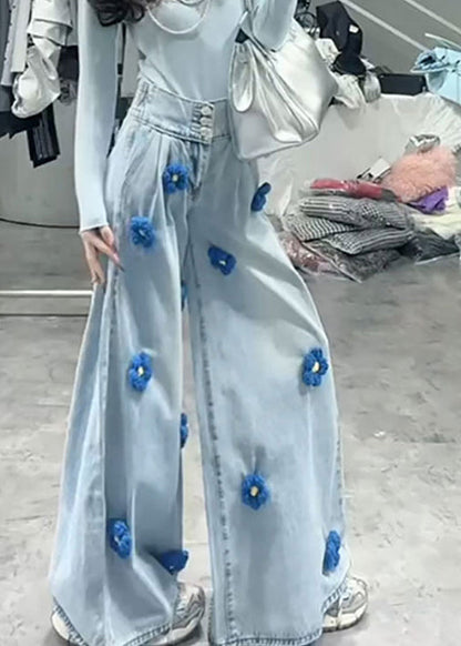 Blue High Waist Decorated Denim Wide Leg Pants Spring