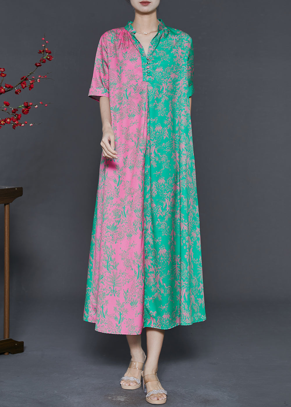 Colorblock V Neck Patchwork Print Silk Party Dress Summer
