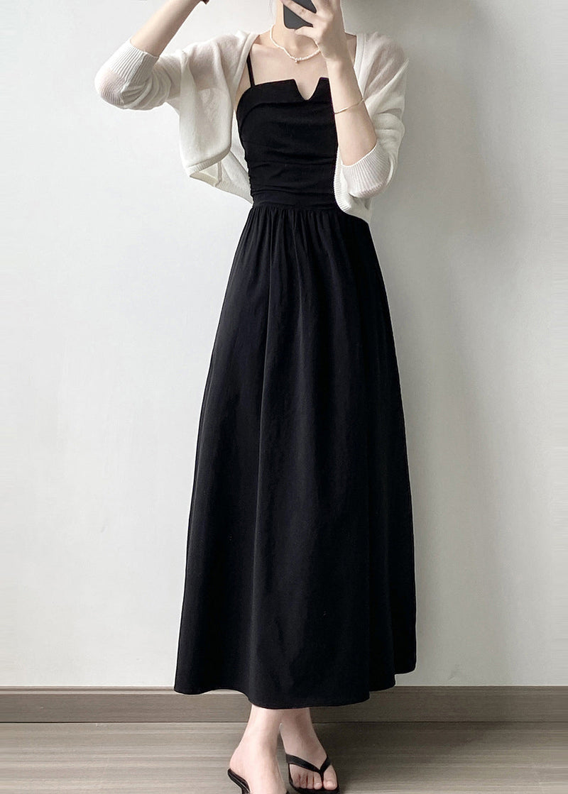 Black Wrinkled Patchwork Cotton Spaghetti Strap Dress Sleeveless