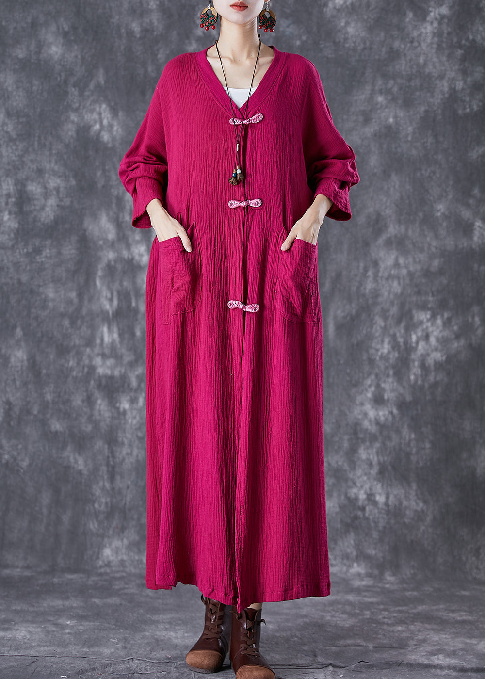 Rose Chinese Button Wrinkled Linen Long Cardigan Fall