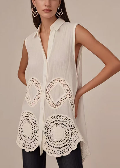 Italian White Peter Pan Collar Hollow Out Cotton Blouses Sleeveless