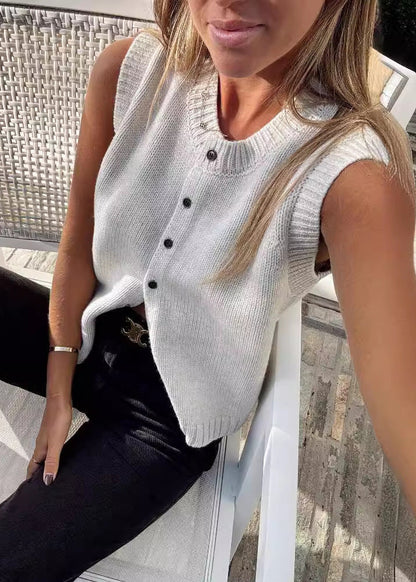 Italian Apricot O Neck Button Knit Vest Cardigans Sleeveless