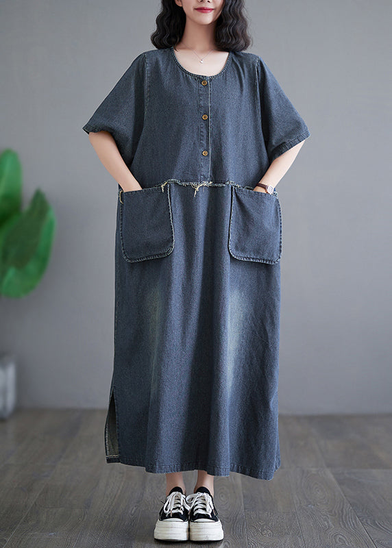 Denim Blue Patchwork Side Open Button Maxi Dresses Short Sleeve