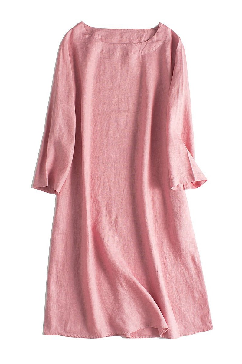 Simple Linen Pure Color 3/4 Sleeve Dress Outfits