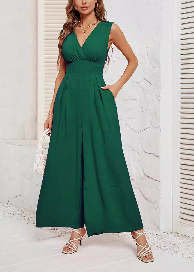 French Red V Neck Patchwork Cotton Jumpsuit Sleeveless