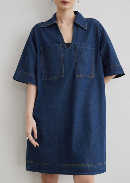Blue Peter Pan Collar Pockets Denim T Shirt Dresses Summer