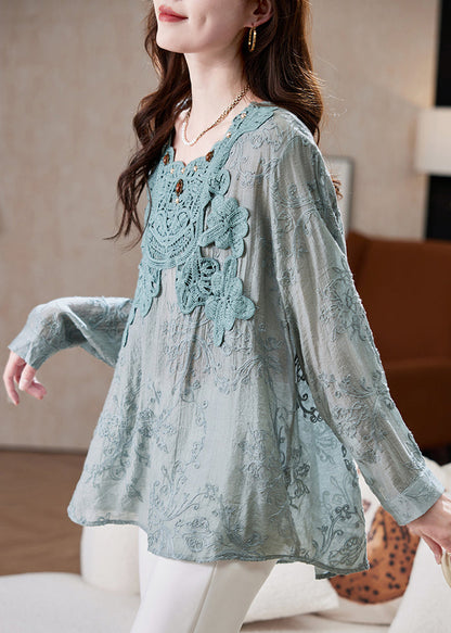 Natural Blue Embroidered Hollow Out Chiffon Top Spring