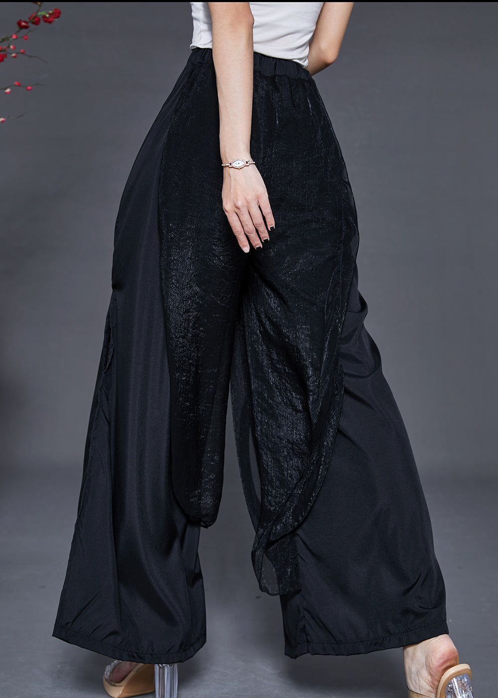 Black Side Open Chiffon Wide Leg Pants Summer