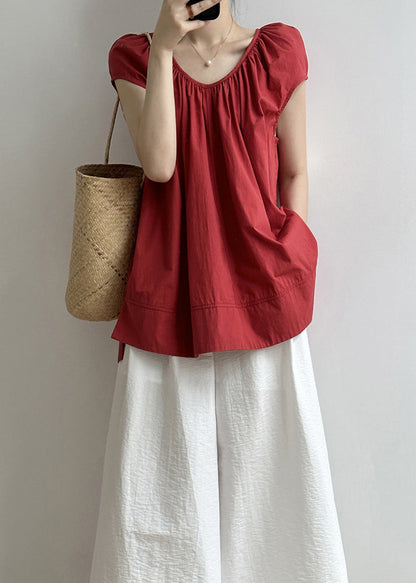 Red O Neck Lace Up Loose Cotton Top Summer