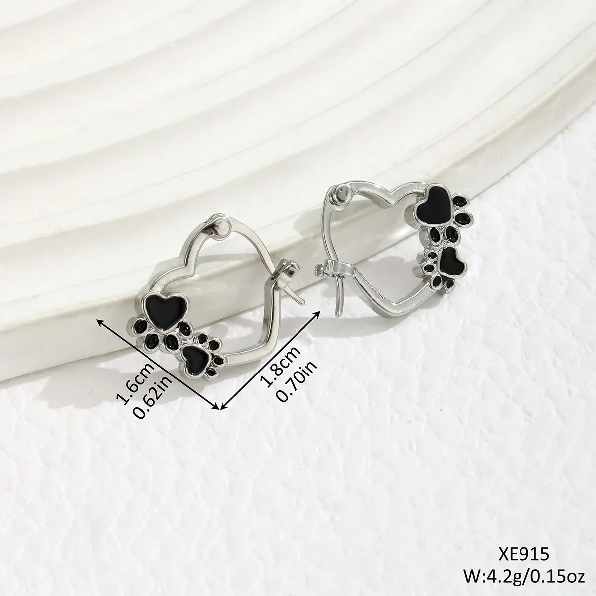 Heart Paw Huggie Earrings With Black Enamel