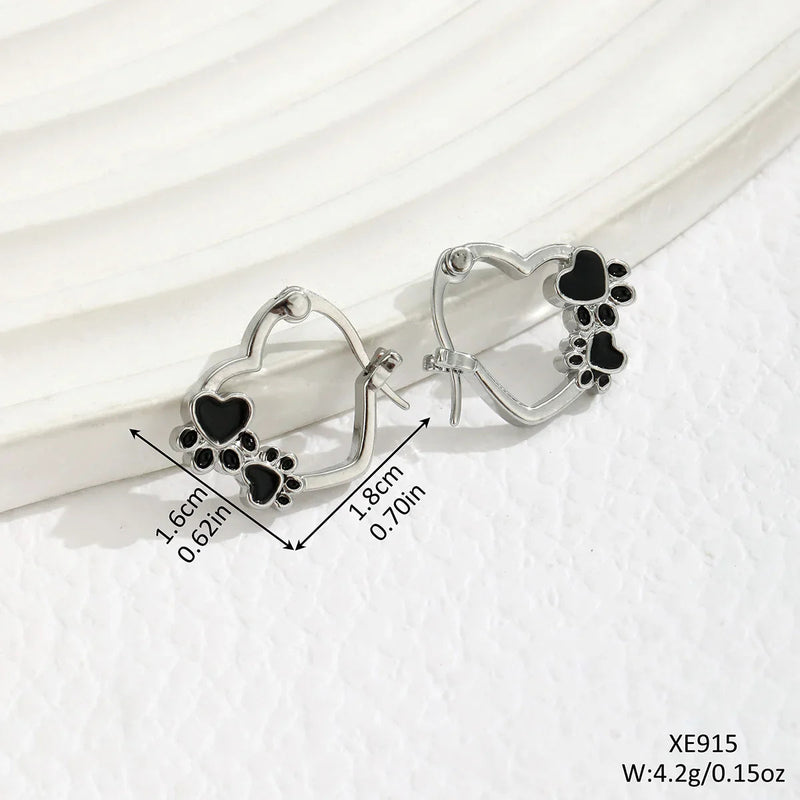 Heart Paw Huggie Earrings With Black Enamel