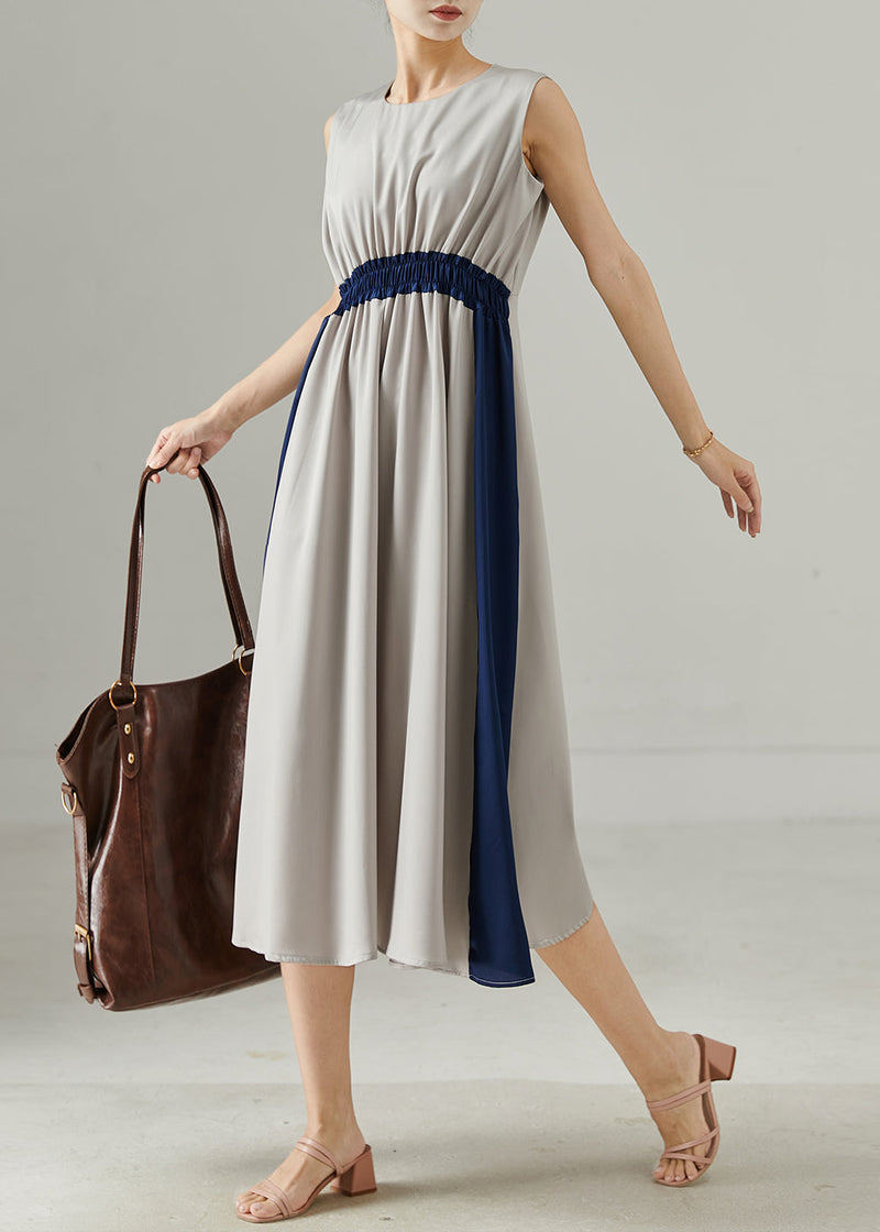 Grey Elastic Waist Patchwork Chiffon Holiday Dress Summer