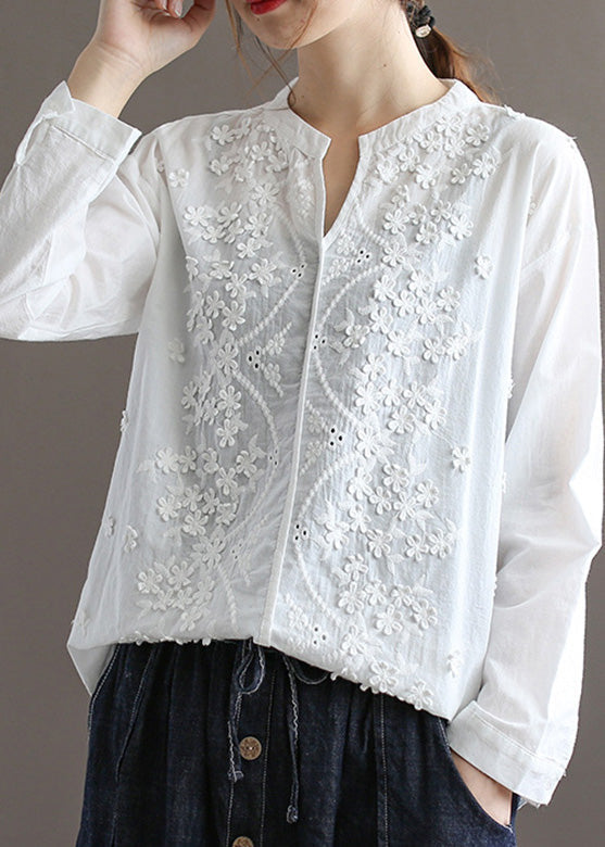 White V Neck Embroidered Cotton Top Spring