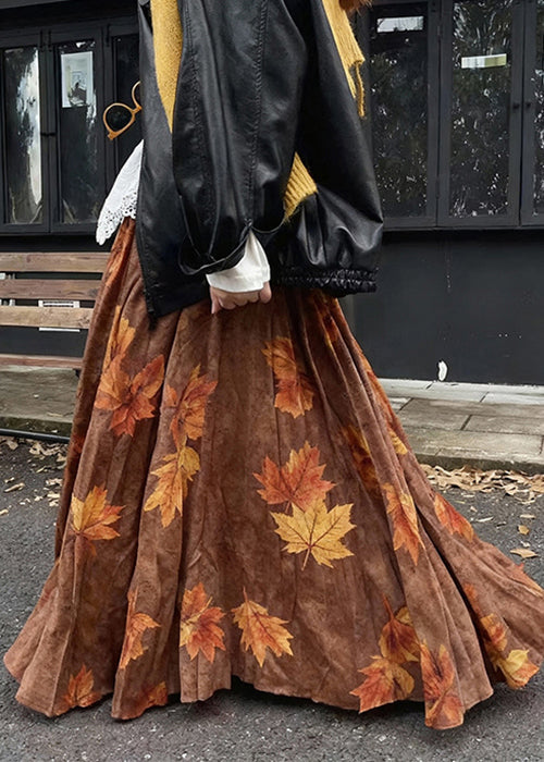 Coffee Leaves Print High Waist Cotton Skirt Fall