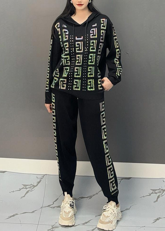 Black Print Hooded Top and Beam Pants Two Pieces Set Spring
