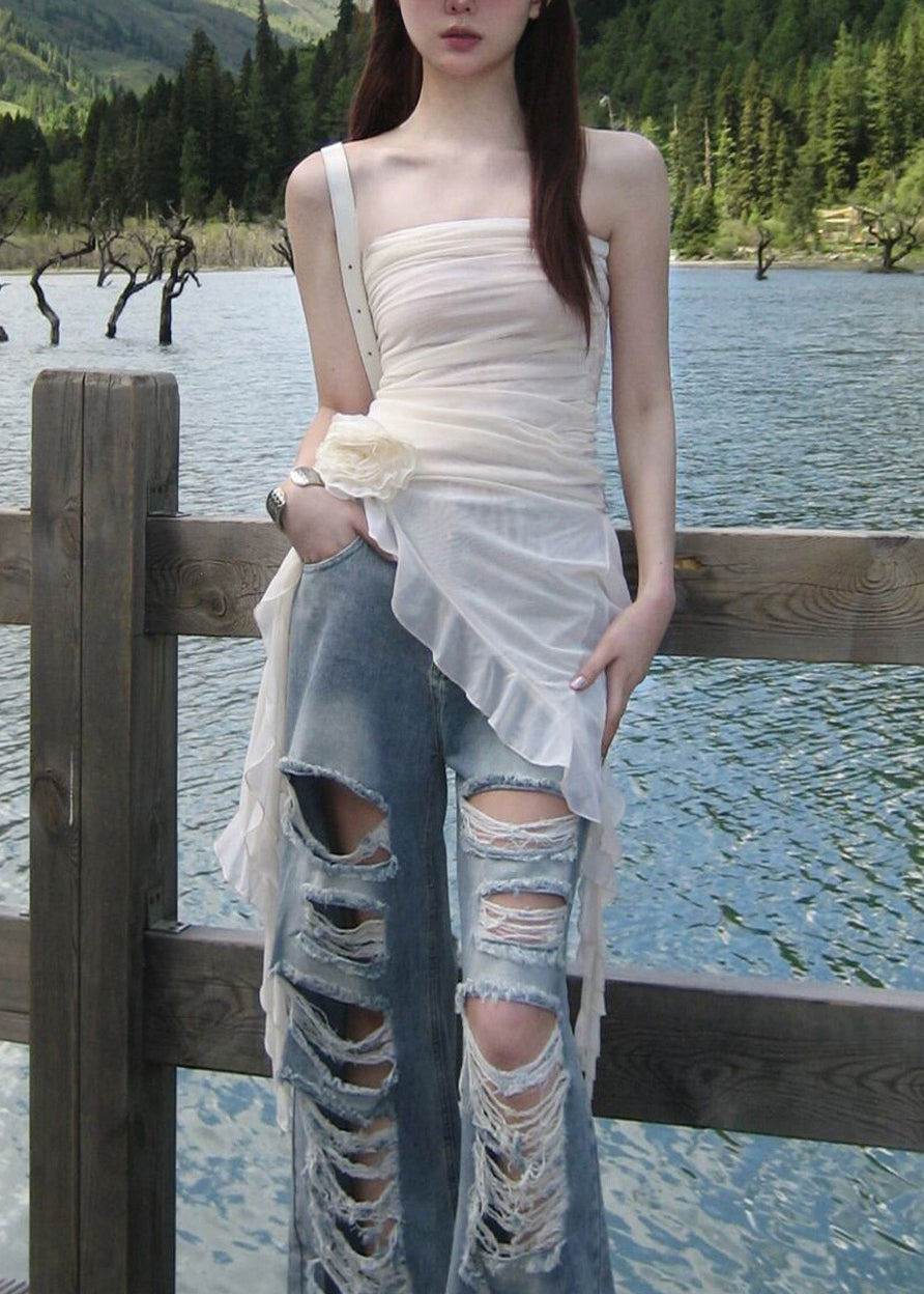 New White Asymmetrical Strapless Tulle Mid Dress Sleeveless
