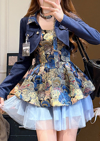 Unique Blue Print Tulle Patchwork Coats and Mid Dress Two Piece Set Fall