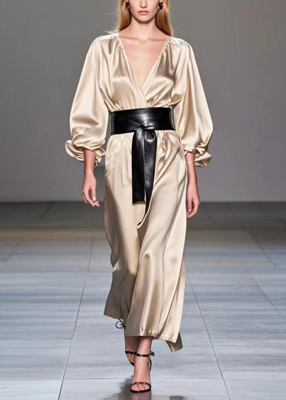 Champagne V Neck Cinched Silk Holiday Dress Fall
