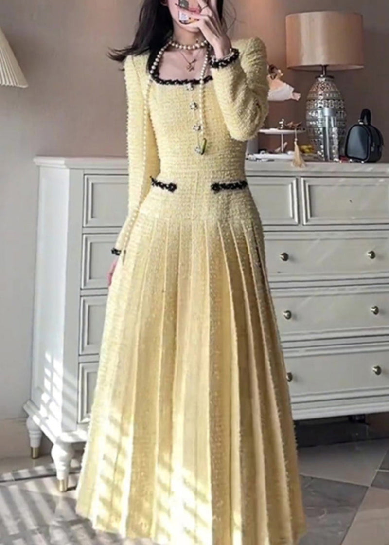 Yellow Square Collar Pleated Dresses Fall