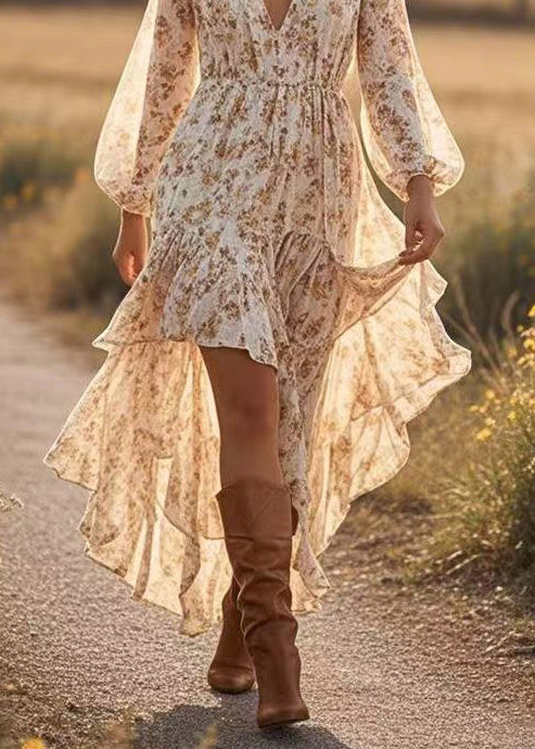 Apricot Asymmetrical Print Cotton Robe Dresses Spring