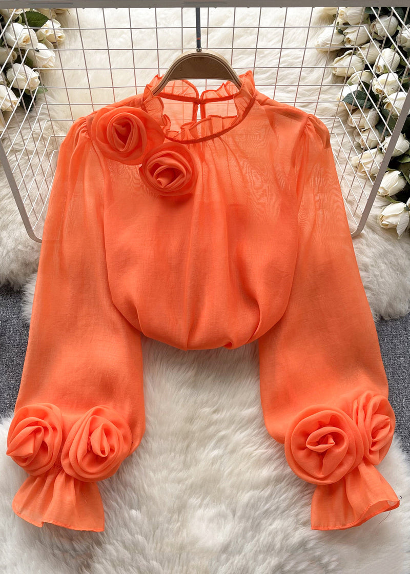 Rose Ruffled Chiffon Tops Long Sleeve