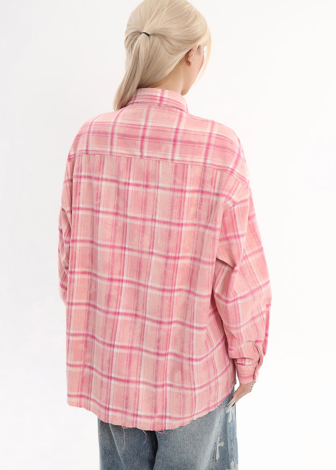 Pink Oversized Plaid Cotton Shirt Tops Spring