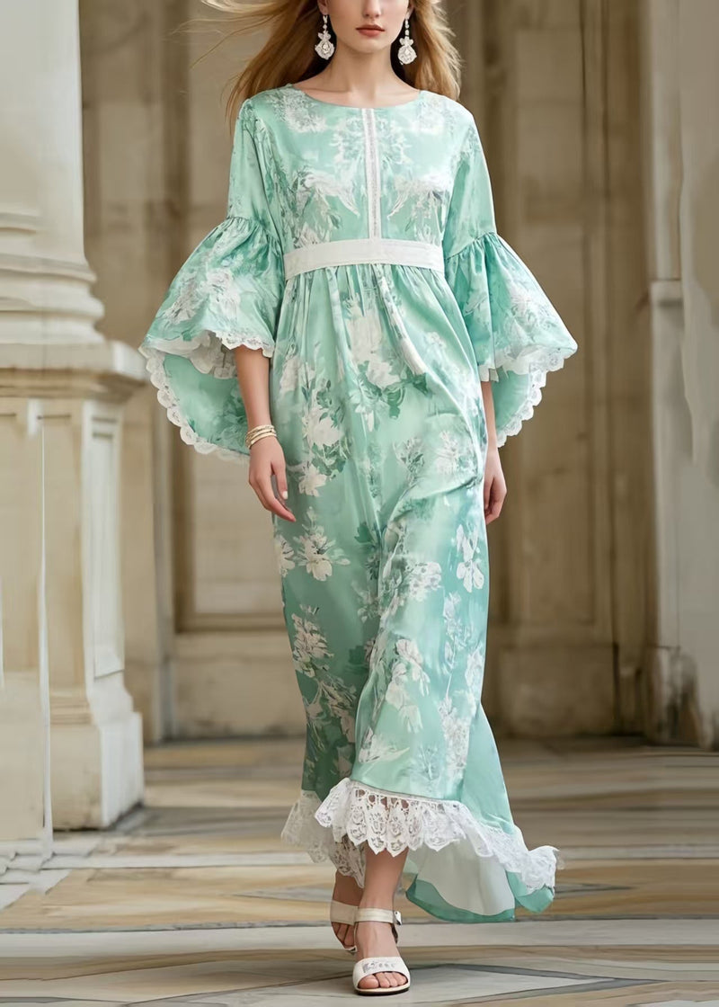 Light Green Print Tunic Patchwork Lace Party Dress Flare Sleeve