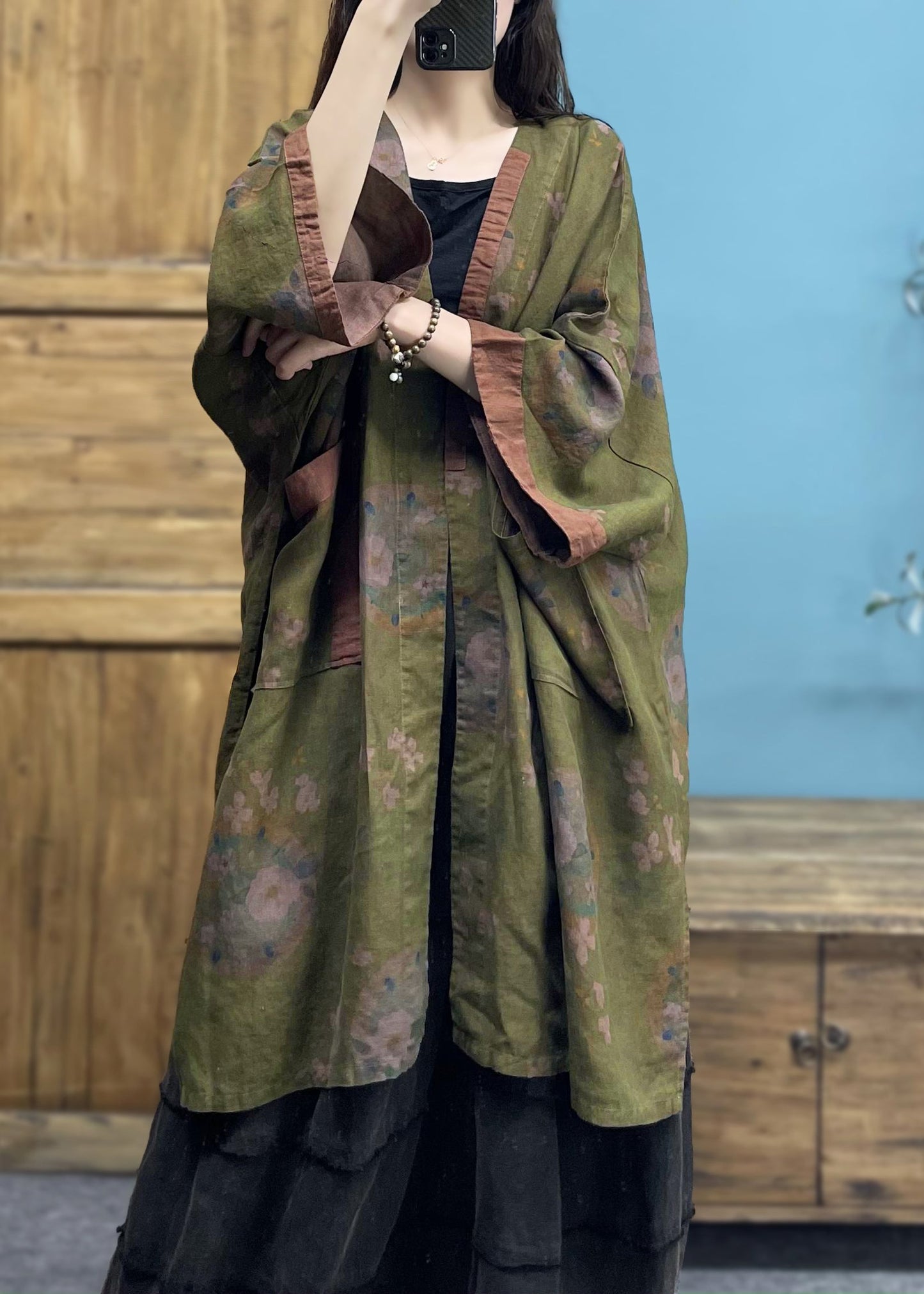 Green V Neck Print Linen Cardigans Spring