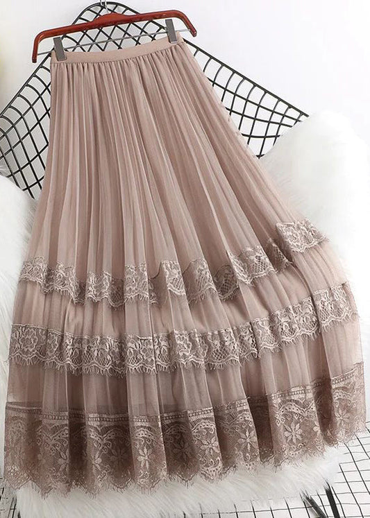 Brown High Waist Tulle Maxi Skirts Woman Mesh Lace Patchwork