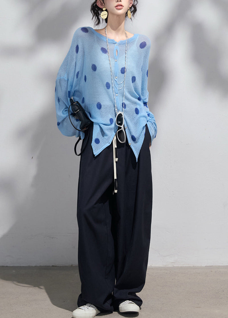 Classy Blue Oversized Print Knit Upf 50+cardigans Spring