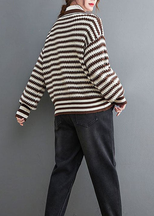 Chocolate V Neck Striped Cozy Knit Coat Outwear Spring