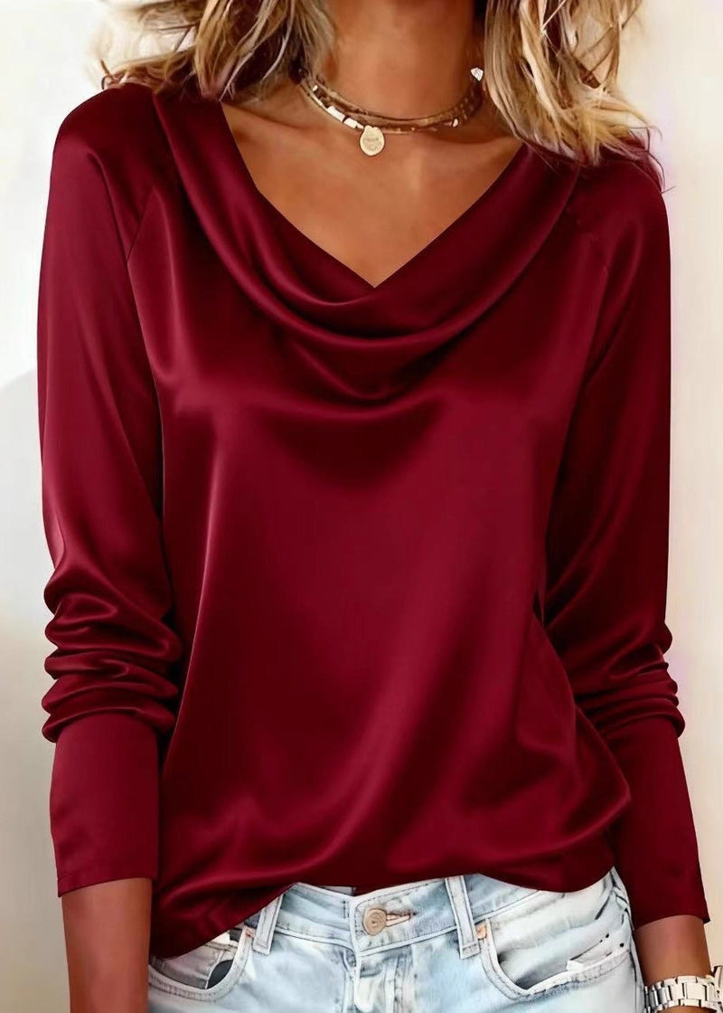 Gold Draped Neckline Silk Shirt Top Spring