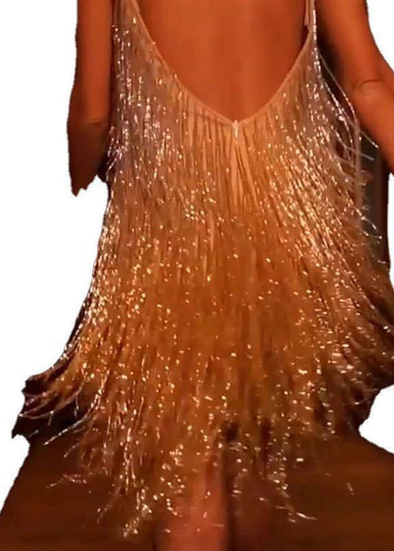 New V-neck Gold Tassel Sequined Suspender Dress