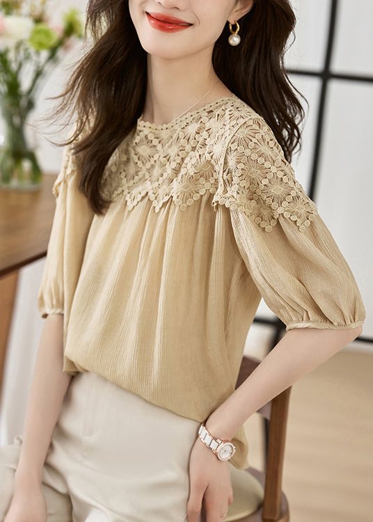 Khaki O Neck Lace Patchwork Cotton Top Lantern Sleeve