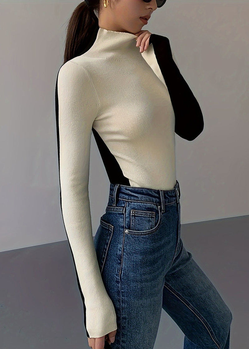 Fitted Black Hign Neck Patchwork Knit Sweaters Top Spring